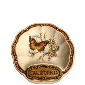 VTG Treasure Craft California Butterfly Flowers Trinket Dish USA 5 "